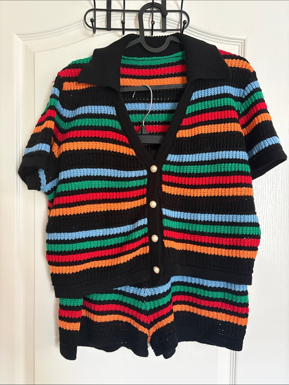 Multi- Colored Striped Knit Button-Front Cropped Sweater with matching shorts